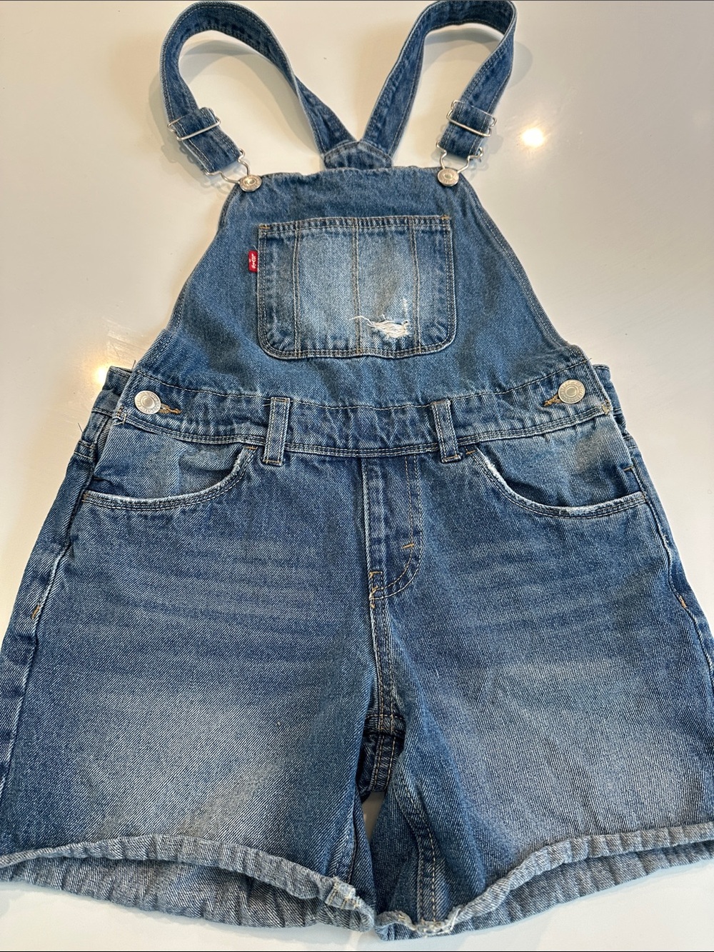 Levis Kids Girls Denim Shortalls Medium Wash Distressed Overalls Size 12 Reg
